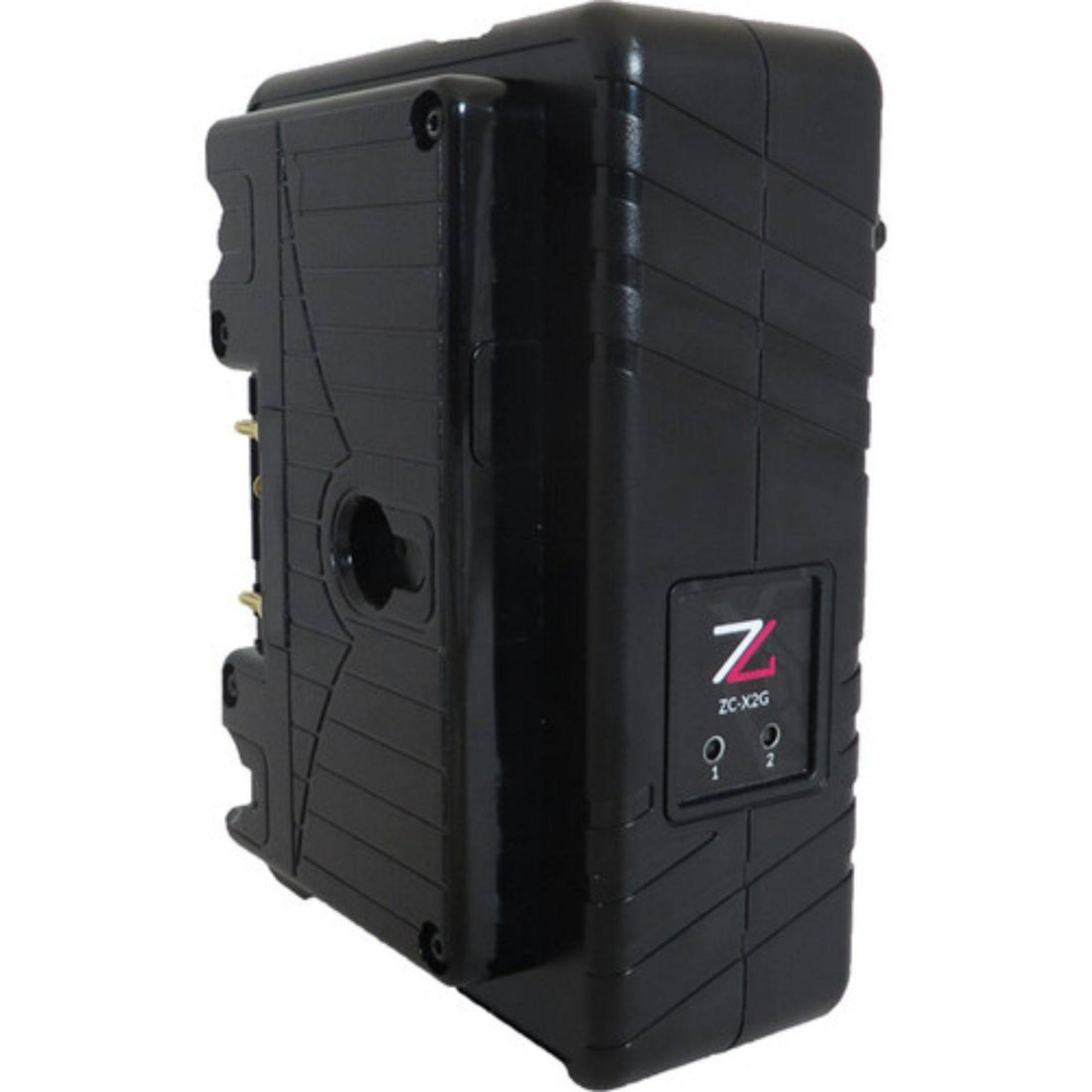 IDX System Technology ZC-X2G dual-channel Li-Ion battery charger with gold mount, shown from side panel detail. – image 4