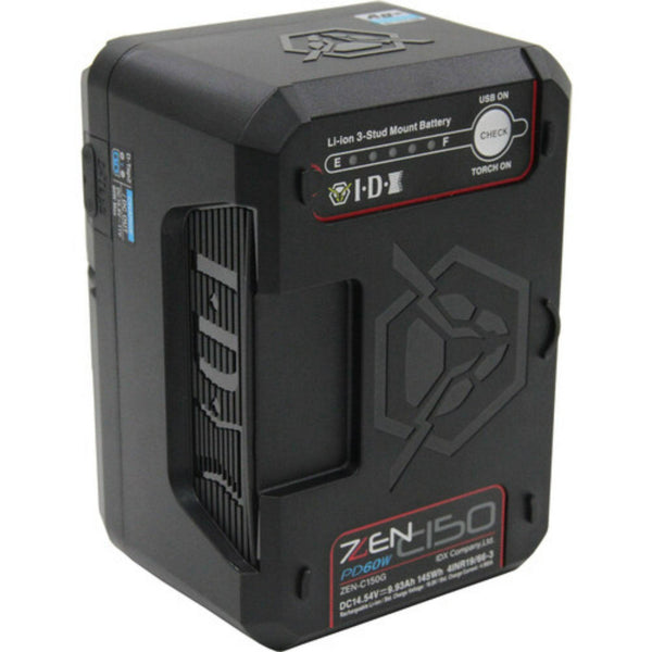 IDX System Technology ZEN-C150G lithium-ion battery with 145Wh capacity, USB-C, D-Tap ports, shown from front right view. – image 2