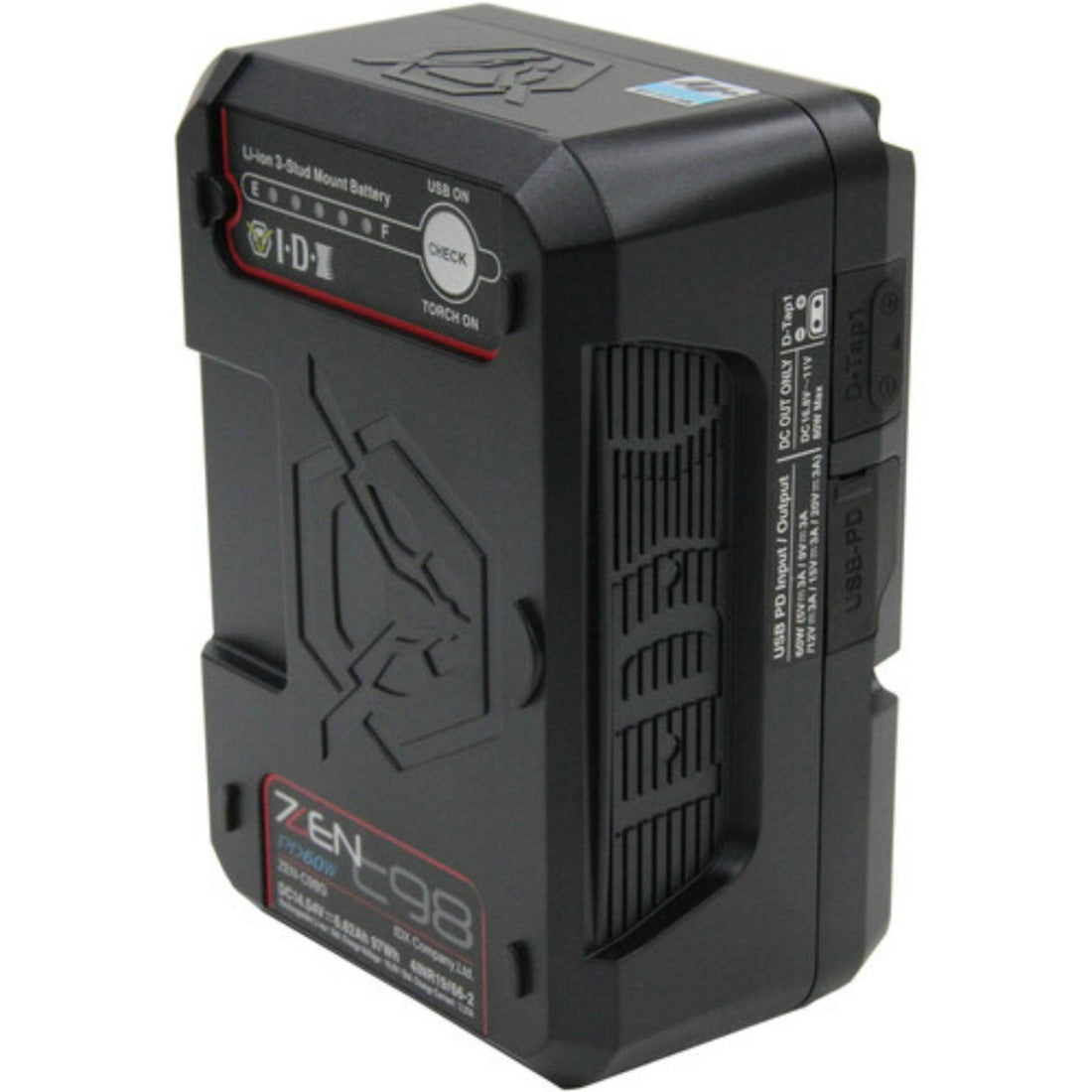 IDX System Technology ZEN-C98G high-load lithium-ion battery with 2x D-Tap, USB-C port, 97Wh capacity, front left view. – image 2