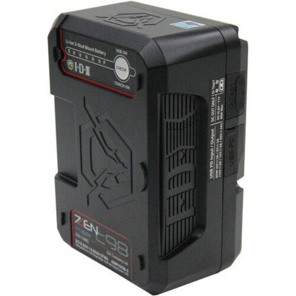 IDX System Technology ZEN-C98G high-load lithium-ion battery with 2x D-Tap, USB-C port, 97Wh capacity, front left view. – image 2