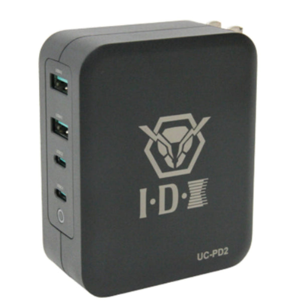 IDX System Technology UC-PD2 two-channel USB power delivery charger with dual USB-C ports, shown from front right angle. – image 2