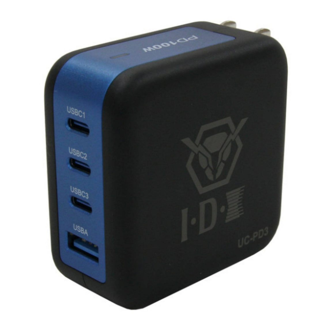IDX System Technology UC-PD3 portable USB-C PD charger showing three USB-C ports on a sleek black device. – image 1
