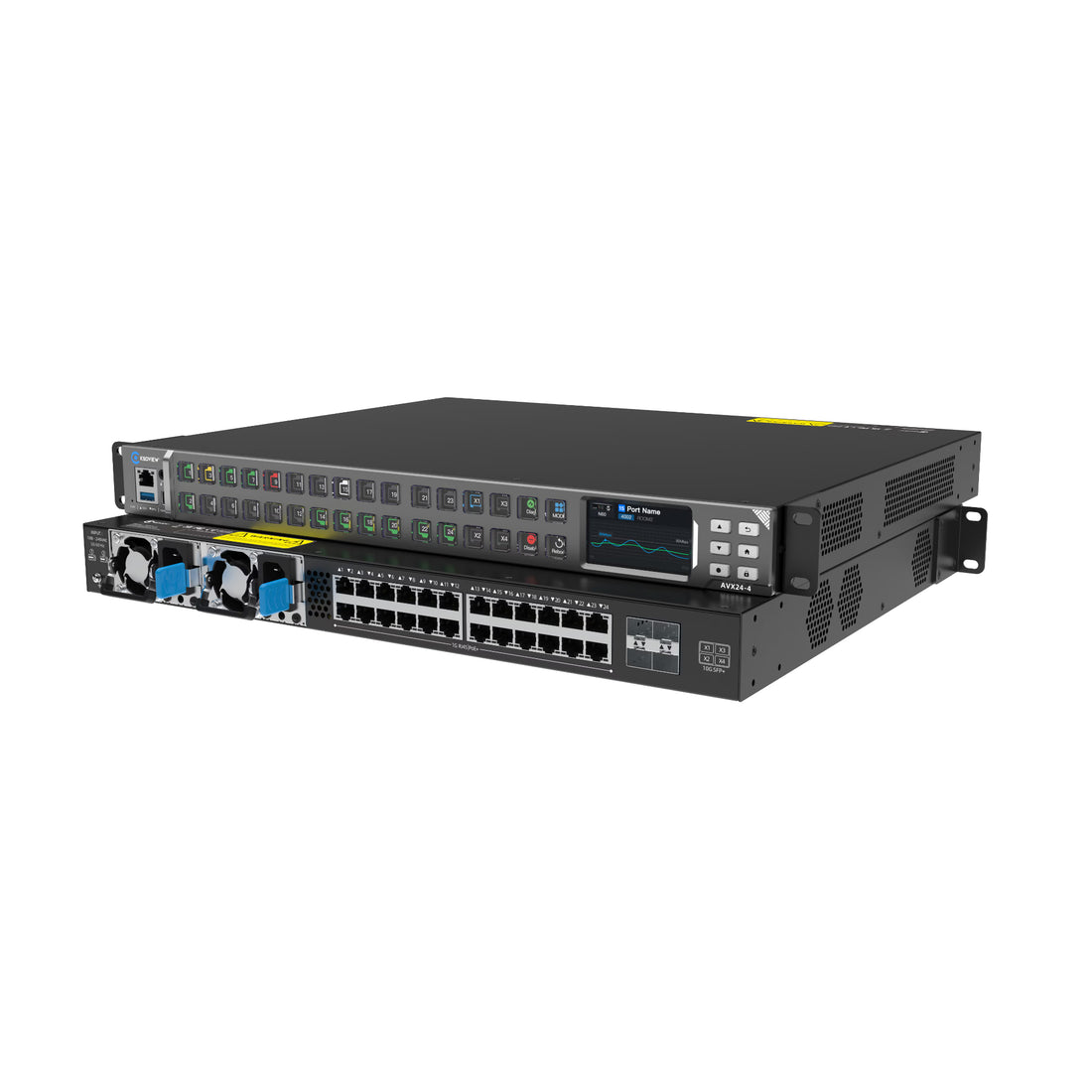 Angled front view of Kiloview AVX24-4 Media HUB IP converter with multiple input and output ports and hardware controls. – image 2