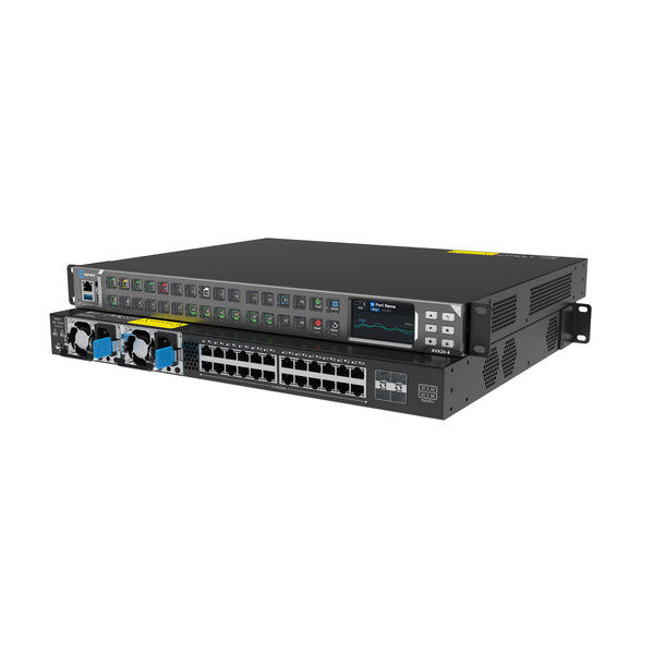 Angled front view of Kiloview AVX24-4 Media HUB IP converter with multiple input and output ports and hardware controls. – image 2