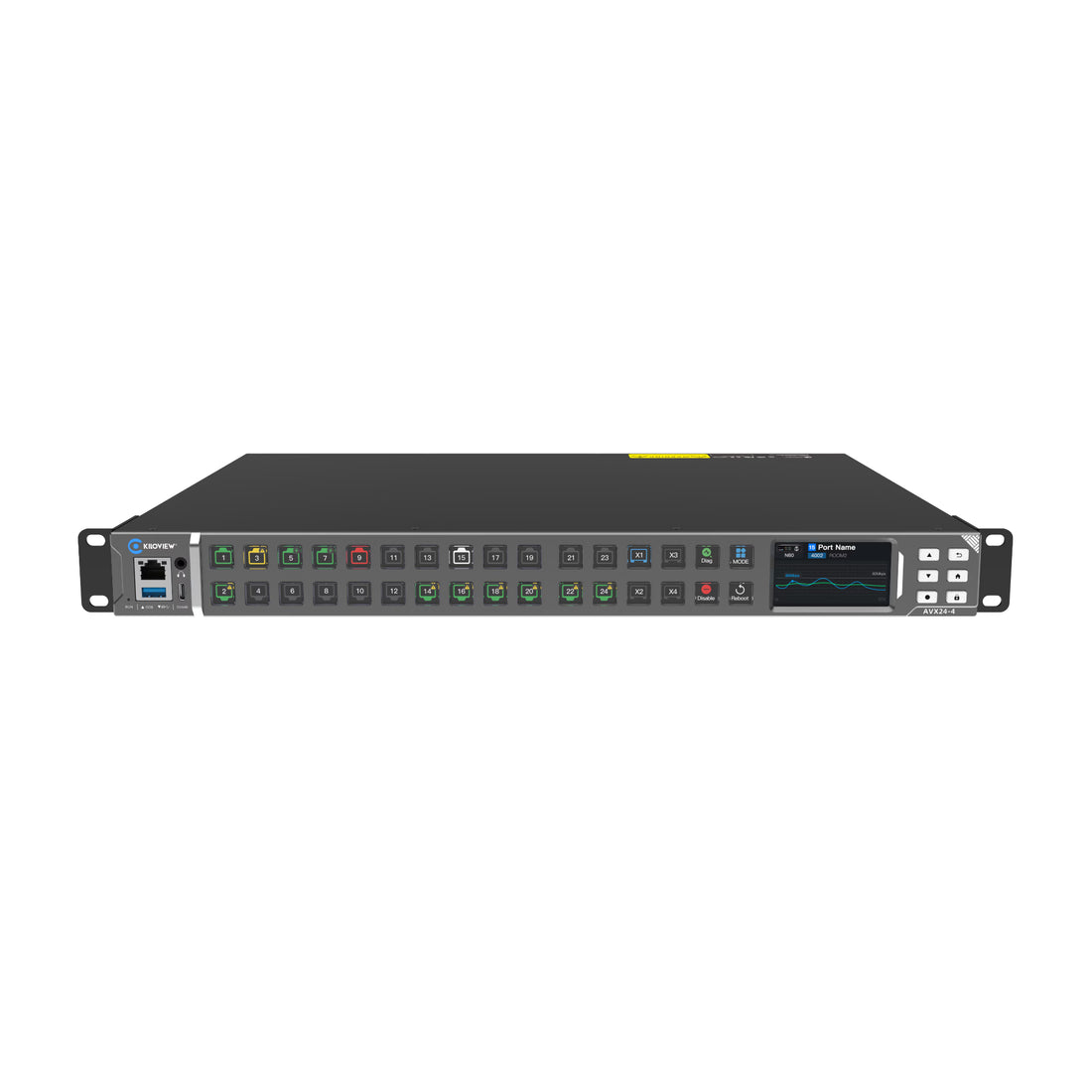 Front view of the Kiloview AVX24-4 Media HUB IP converter showing input and output ports on the front panel. – image 1