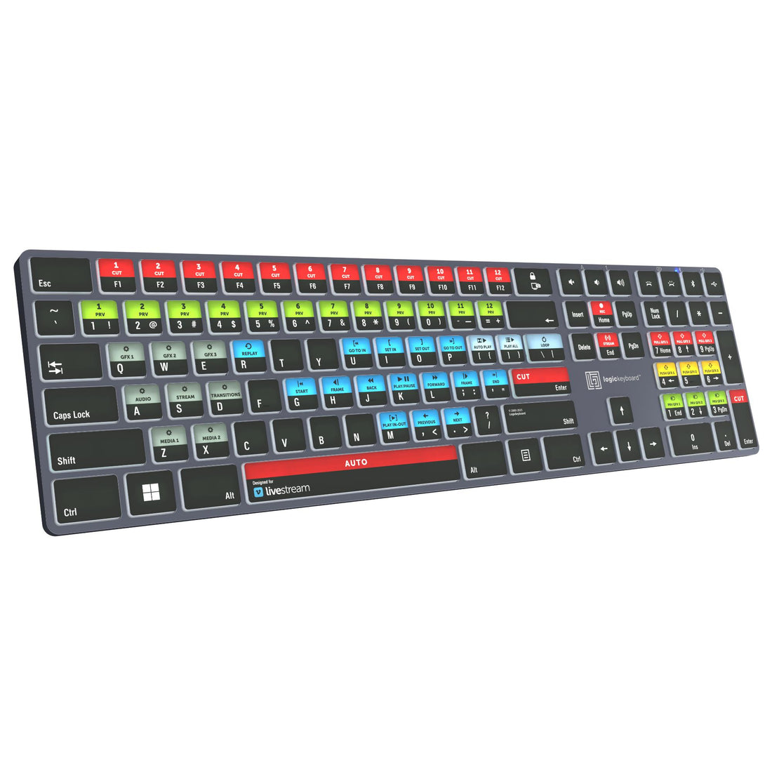 LogicKeyboard Vimeo Livestream TITAN PC US keyboard shown from the left perspective with black keys and white lettering. – image 2