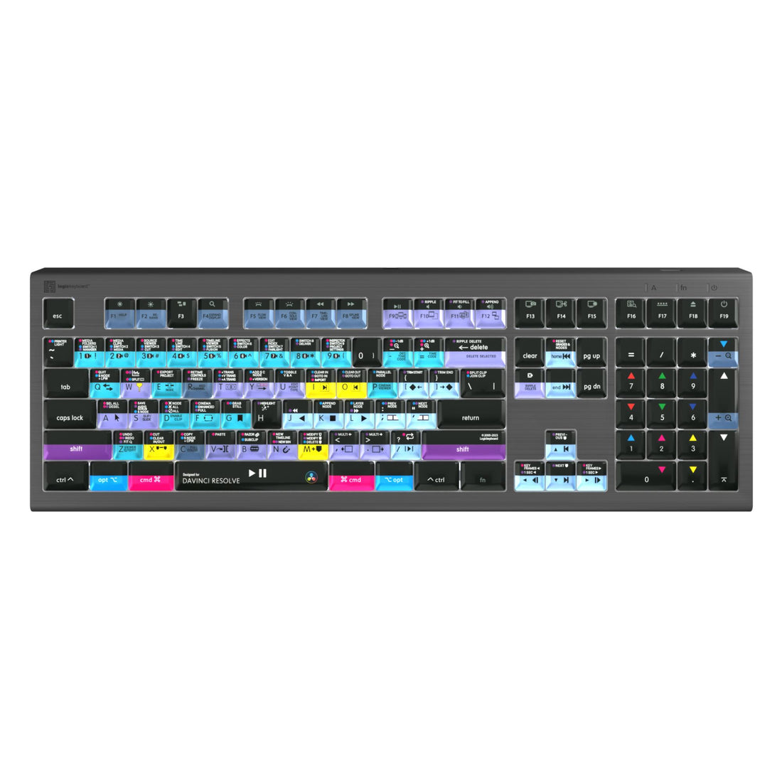 LogicKeyboard Davinci Resolve ASTRA2 MAC US keyboard with labeled keys, designed for Mac users, in black with white lettering. – image 1