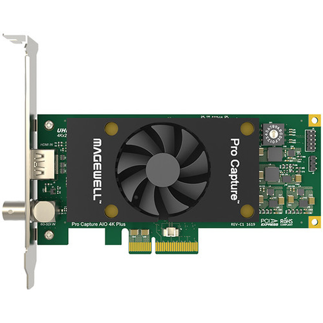 Magewell Pro Capture AIO 4K Plus PCIe HDMI and 6G-SDI capture card shown from a top view, featuring multiple input ports and sleek design. – image 4