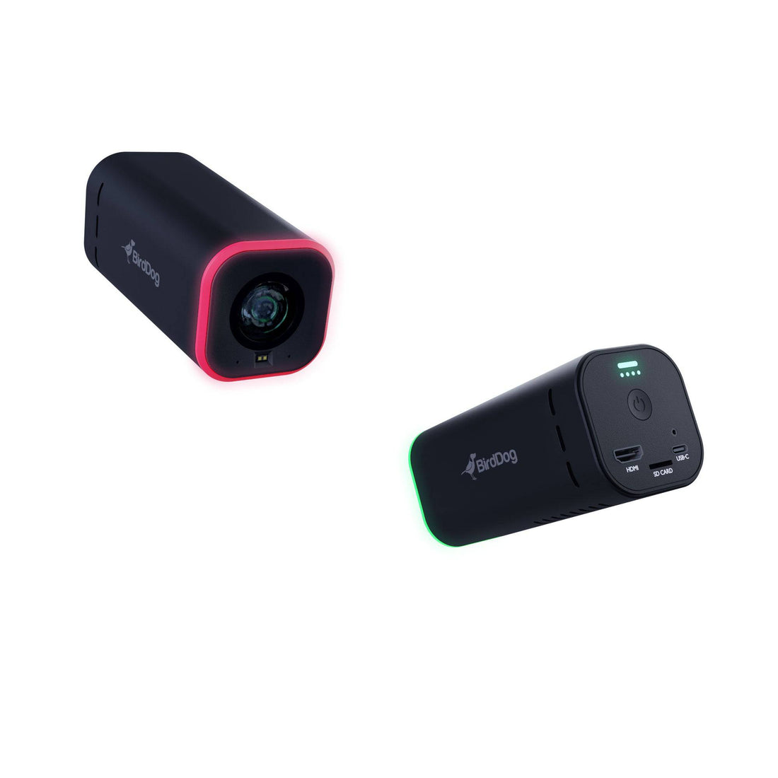 Two BirdDog MAKI Live black Camera with red and green accents on a white background – image 9