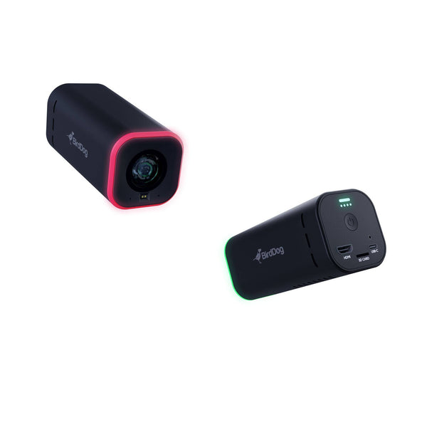 Two BirdDog MAKI Live black Camera with red and green accents on a white background – image 10