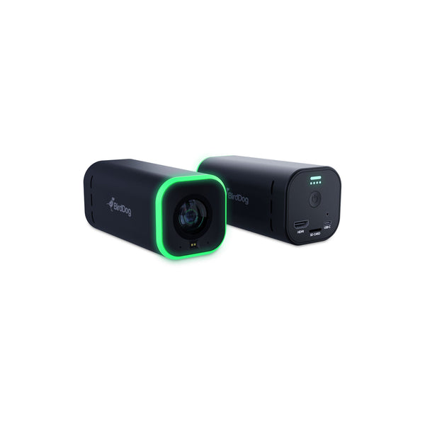 Two BirdDog MAKI Live black action cameras with green accents on a white background – image 9