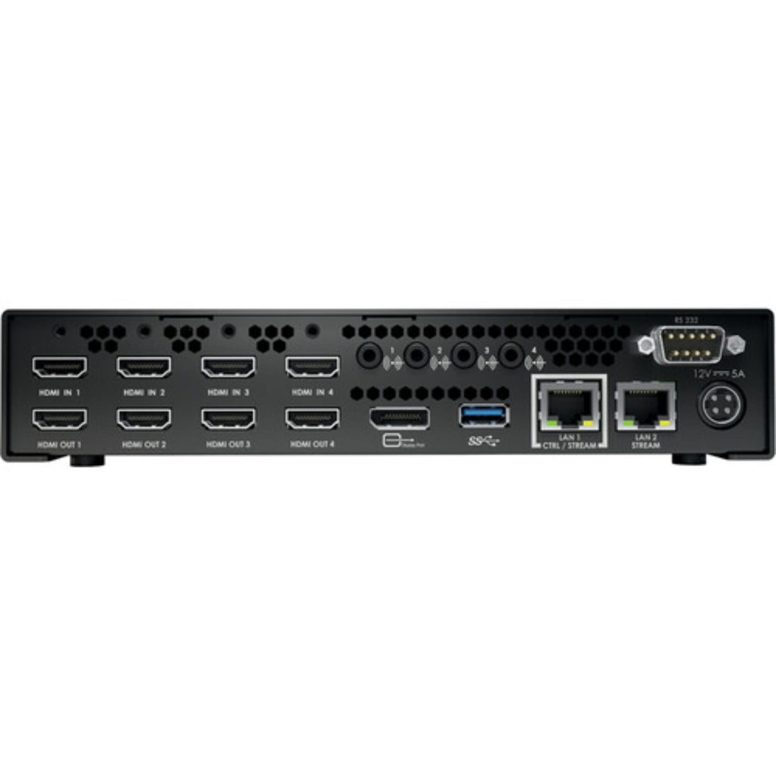 Matrox Maevex 6152 Quad 4K Enterprise Encoder signal converter with multiple input and output ports on a sleek black device. – image 3