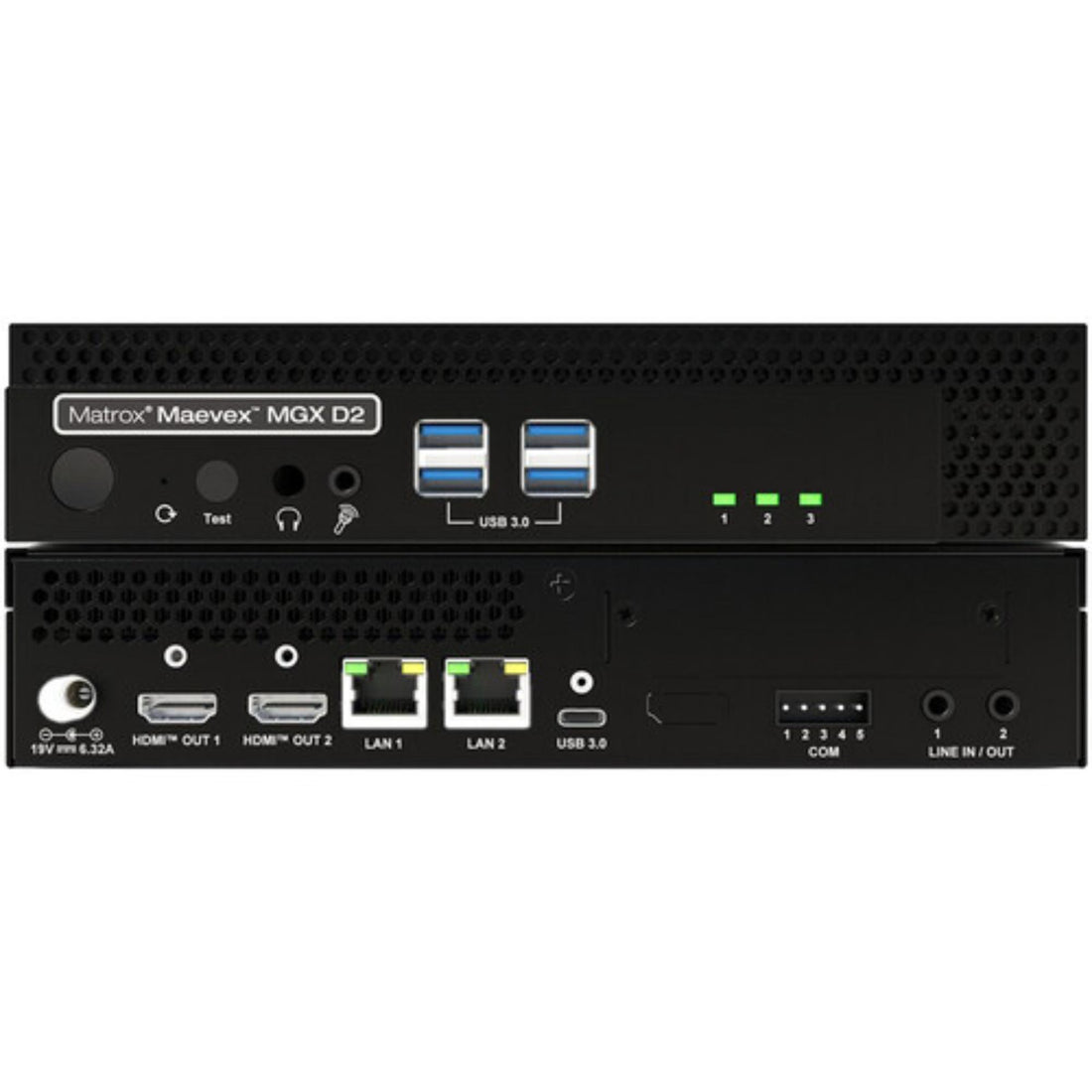 Matrox Maevex MGX D2 Dual 4K60 Decoder signal converter showing front panel with ports and LED indicators – image 1