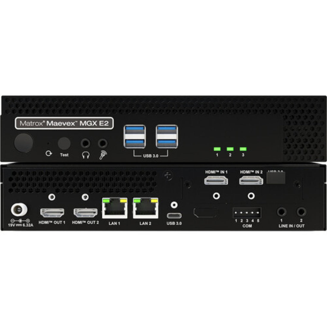 Matrox Maevex MGX E2 dual 4K60 encoder signal converter with multiple input ports and LED status indicators. – image 1