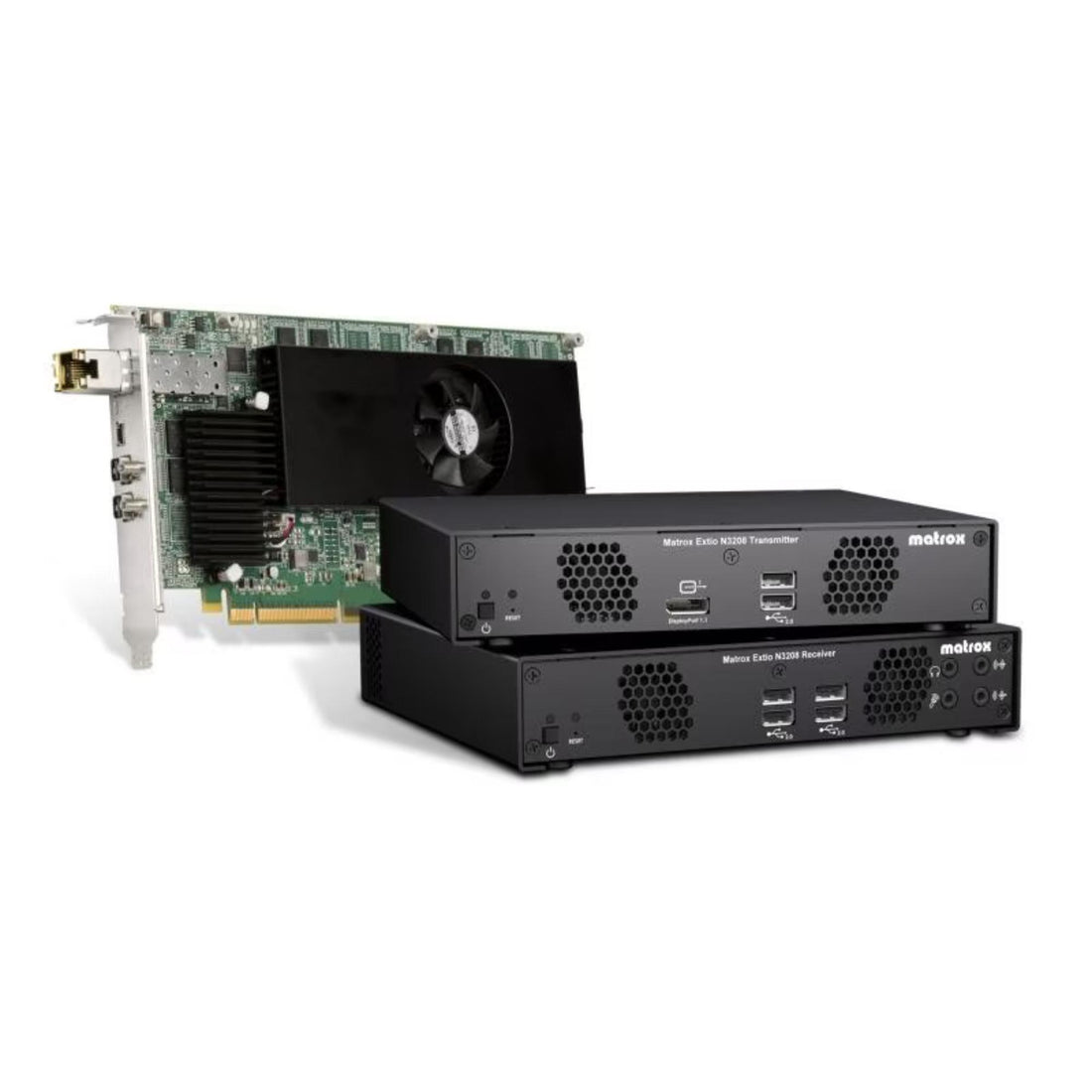 Matrox Extio N3208 IP KVM receiver appliance showing front panel with ports and status indicators. – image 1