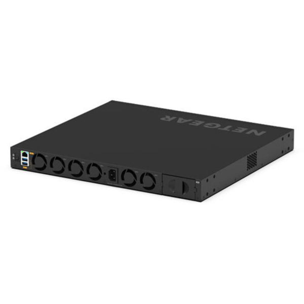 Netgear AV Line M4350-24F4X 24-port Gigabit SFP managed switch, isometric rear view with ports and network connections. – image 6