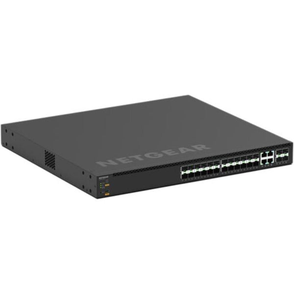 Netgear AV Line M4350-24F4X managed switch with 24 Gigabit ports and SFP slots, front isometric view. – image 1