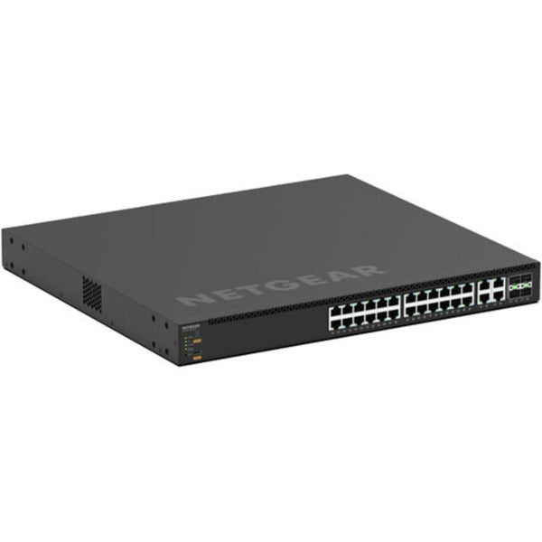Netgear AV Line M4350-24M4X4V managed switch with 24 2.5G ports, 4 10G PoE++ ports, isometric front view image – image 1