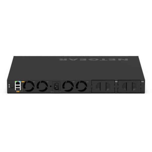 Netgear AV Line M4350-24M4X4V managed switch with 24 2.5G ports and 4 10G PoE++ ports, top rear view showing ports and connections. – image 5