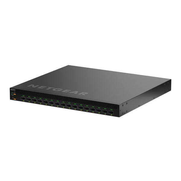 Front left view of Netgear CSM4316 16-port 100G QSFP28 fully managed switch showing port panel and brand logo. – image 3