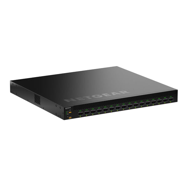 Front right view of Netgear CSM4316 16x 100G QSFP28 fully managed switch with multiple ports and LED indicators. – image 1