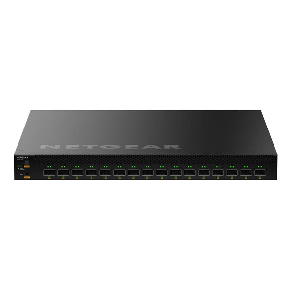 Front view of the Netgear CSM4316 16-port 100G QSFP28 fully managed switch with multiple ports and status LEDs. – image 2