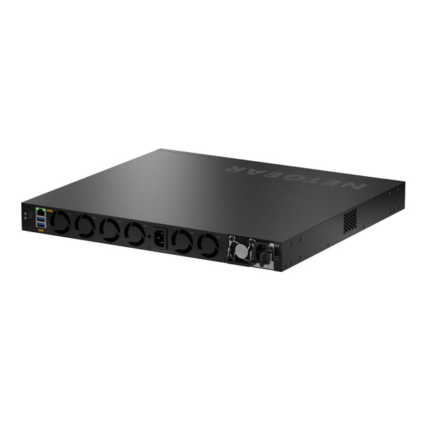 Rear left view of Netgear CSM4316 16x 100G QSFP28 fully managed switch showing ports and rear panel. – image 6