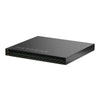 Front left view of Netgear CSM4316 16x 100G QSFP28 fully managed switch, TAA approved, with multiple ports and a sleek black design.