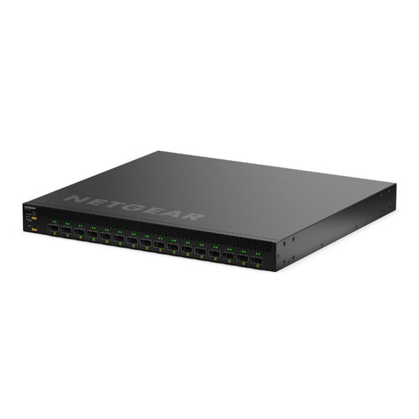 Front left view of Netgear CSM4316 16x 100G QSFP28 fully managed switch, TAA approved, with multiple ports and a sleek black design. – image 3
