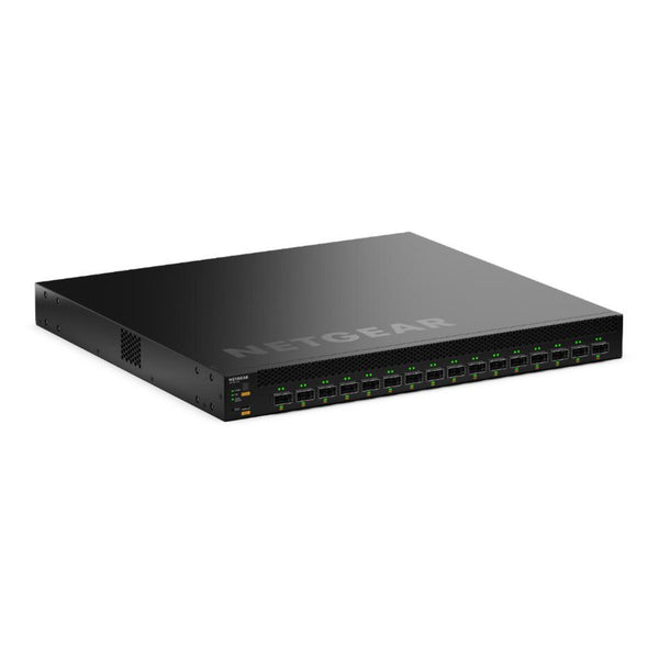 Front view of Netgear CSM4316 16-port 100G QSFP28 managed switch, TAA approved, showing ports and LED indicators. – image 1