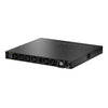 Rear left view of Netgear CSM4316 16x 100G QSFP28 fully managed switch showing port panel and TAA approval