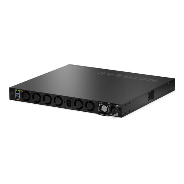 Rear left view of Netgear CSM4316 16x 100G QSFP28 fully managed switch showing port panel and TAA approval – image 6