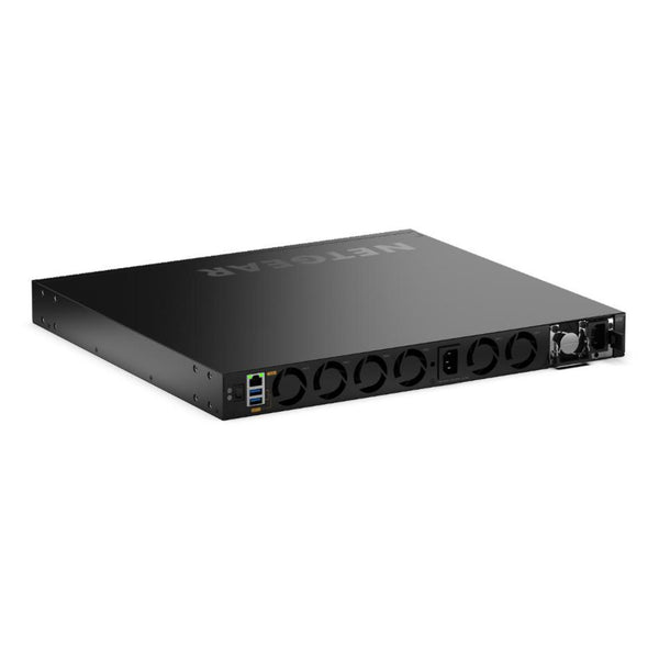 Rear right view of Netgear CSM4316 16x 100G QSFP28 fully managed switch, TAA approved, showing port connections and rear panel. – image 4
