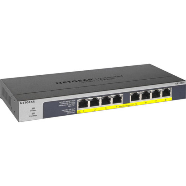Netgear 8-port Gigabit Ethernet PoE+ unmanaged network switch with front view and LED indicator lights. – image 1
