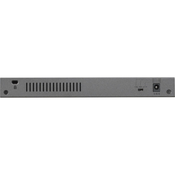 Rear view of Netgear 8-port Gigabit Ethernet PoE+ unmanaged network switch with power and port connections. – image 4