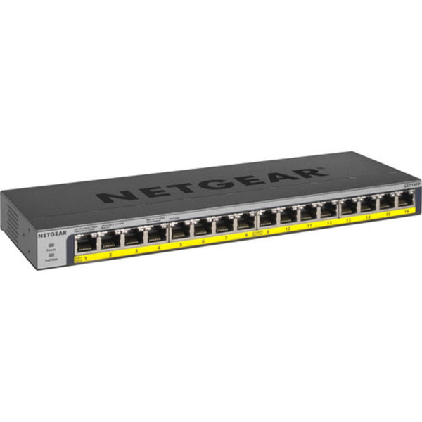 Front view of Netgear 16-port Gigabit Ethernet PoE+ unmanaged network switch with LED indicators and ports on the left side. – image 1