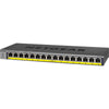 Front right view of Netgear 16-port Gigabit Ethernet PoE+ unmanaged network switch with LED indicators and port labels.