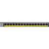 Front view of Netgear 16-port Gigabit Ethernet PoE+ unmanaged network switch, showing ports and LED indicators.