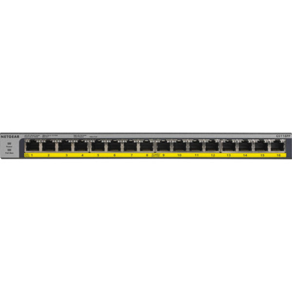 Front view of Netgear 16-port Gigabit Ethernet PoE+ unmanaged network switch, showing ports and LED indicators. – image 3