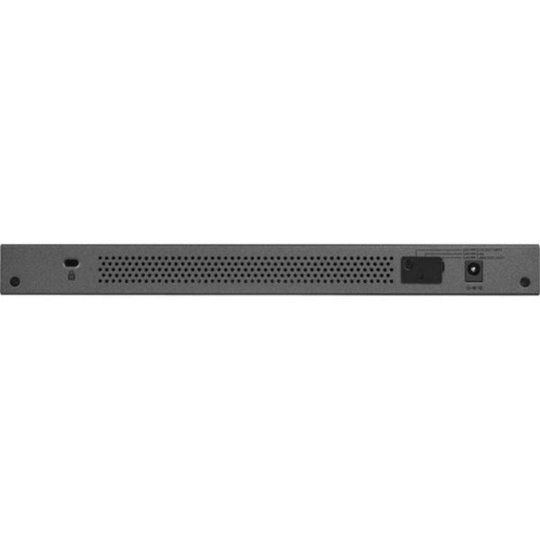 Rear view of Netgear 16-port Gigabit Ethernet PoE+ unmanaged network switch, showing ports and connection ports. – image 4