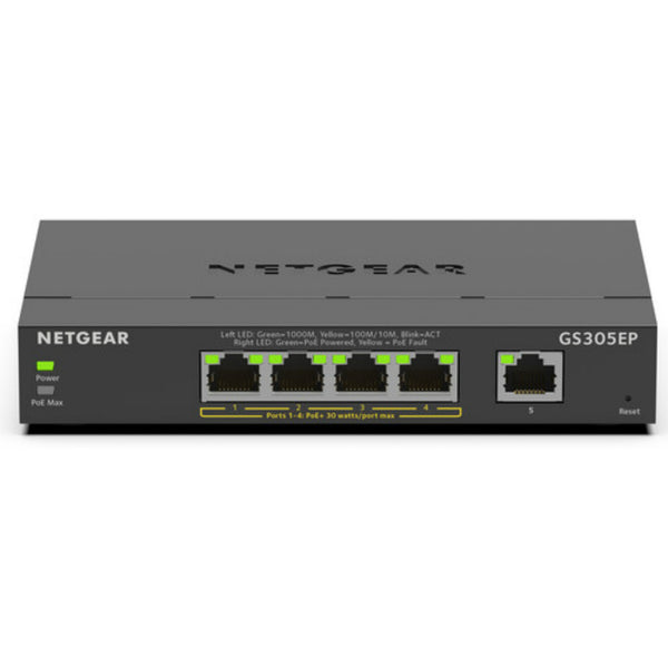 Front view of the Netgear GS305EP 5-port Gigabit PoE+ managed network switch with LED indicators and port labels.
