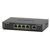 Front left view of Netgear GS305EP 5-port Gigabit PoE+ managed network switch showing ports and LED indicators.