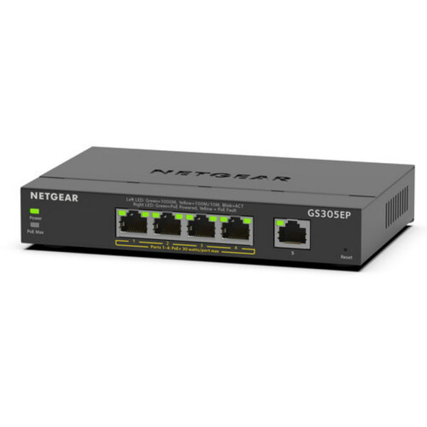 Front left view of Netgear GS305EP 5-port Gigabit PoE+ managed network switch showing ports and LED indicators.