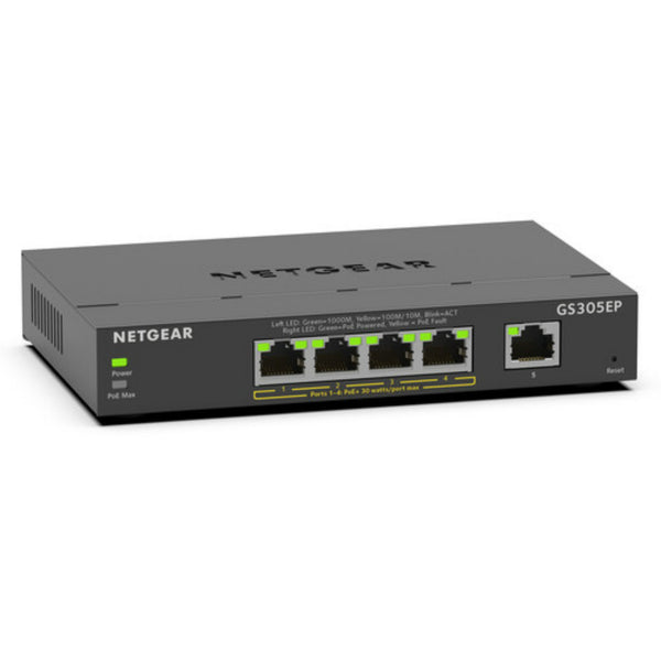 Front right view of Netgear GS305EP 5-port Gigabit PoE+ managed network switch showing ports and LED indicators.