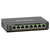 Front angled view of the Netgear GS308EP 8-port PoE+ Gigabit Ethernet network switch showing ports and LED indicators.