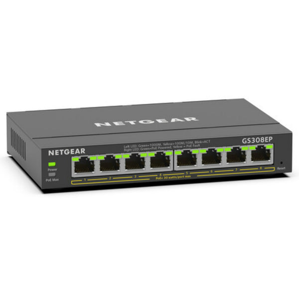 Front angled view of the Netgear GS308EP 8-port PoE+ Gigabit Ethernet network switch showing ports and LED indicators.