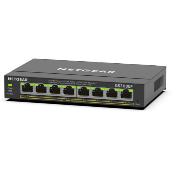 Front right view of Netgear GS308EP 8-port PoE+ Gigabit Ethernet network switch showing ports and LED indicators