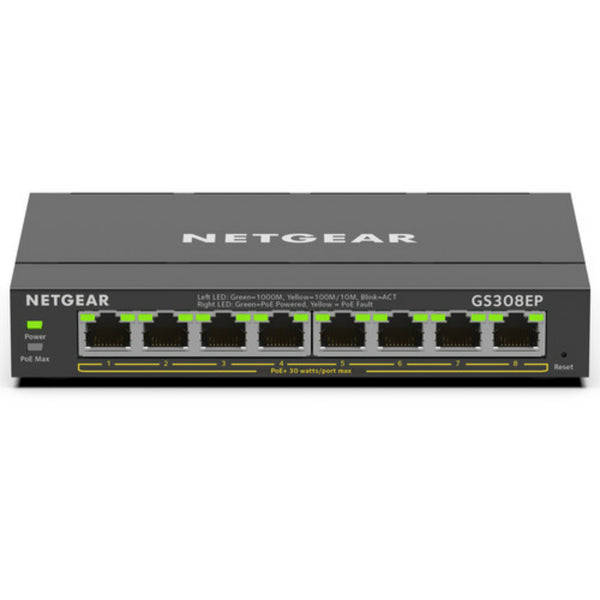 Front view of Netgear GS308EP 8-port PoE+ Gigabit Ethernet network switch with LED indicators and multiple ports.