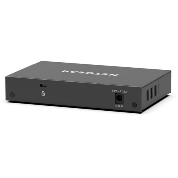 Rear angled view of the Netgear GS308EP 8-port PoE+ Gigabit Ethernet network switch showing ports and connectivity features.