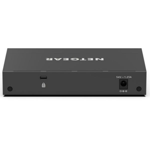 Rear view of the Netgear GS308EP 8-port PoE+ Gigabit Ethernet switch showing ports and LED indicators.